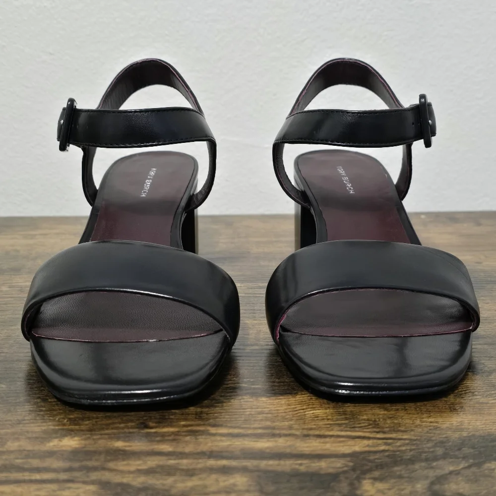 Tory Burch Black Double T City 55MM Leather Block Heel Sandal Size 9